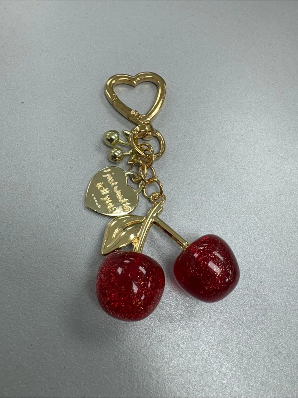 Aesthetic Glitter Resin Cherry Bag Charm Keychain with Gold Heart Clasp